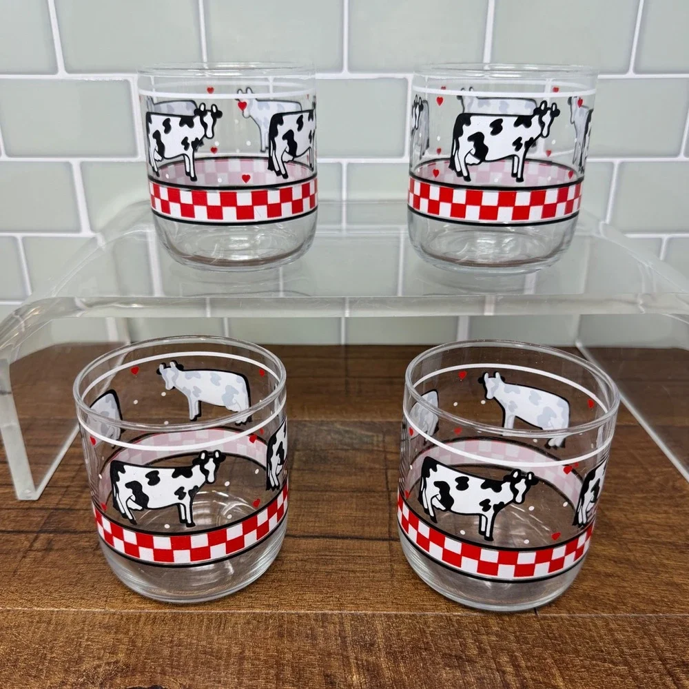 Vintage Libbey Cow Glasses Set of 4 Red Checkered Hearts Juice Rocks READ Flaws